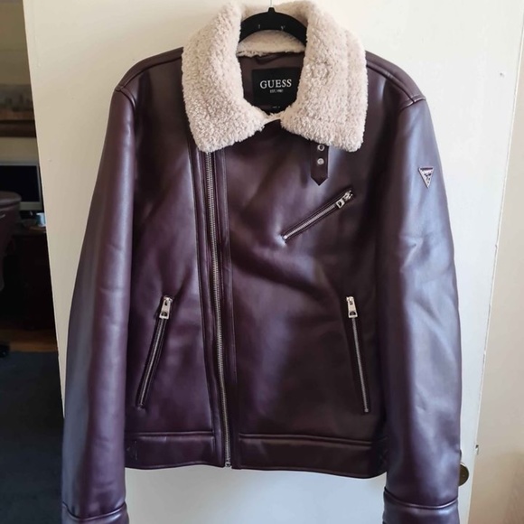 New,Guess Men Red Faux-Leather Faux-Shearling Asymetrical Motorcycle Jacket Sz-S - Picture 2 of 14